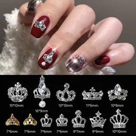 SILPECWEE 24pcs Crown Nail Charms 3D Silver Gold Nail Jewels Curve Nail Rhinestone Crystal Gems Hollow Nail Studs Charms for Nails Alloy Nail Decorations DIY Nail Art Accessories