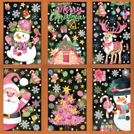 237Pcs Christmas Window Clings Decorations for Window Glass Xmas Snowflakes Window Cling Stickers Double-Sided Snowman Santa Reindeer Pink Winter Window Decals for Home Office Static Window Decoration