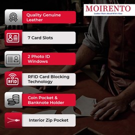 MOIRENTO®, Grey Black Wallet, RFID Blocking, Real Leather Mens, with Coin Pocket, 7 Card Holders, 2 ID Windows, 2 Banknote Compartments, Men Trifold, Billfold UK, EB02LZ013