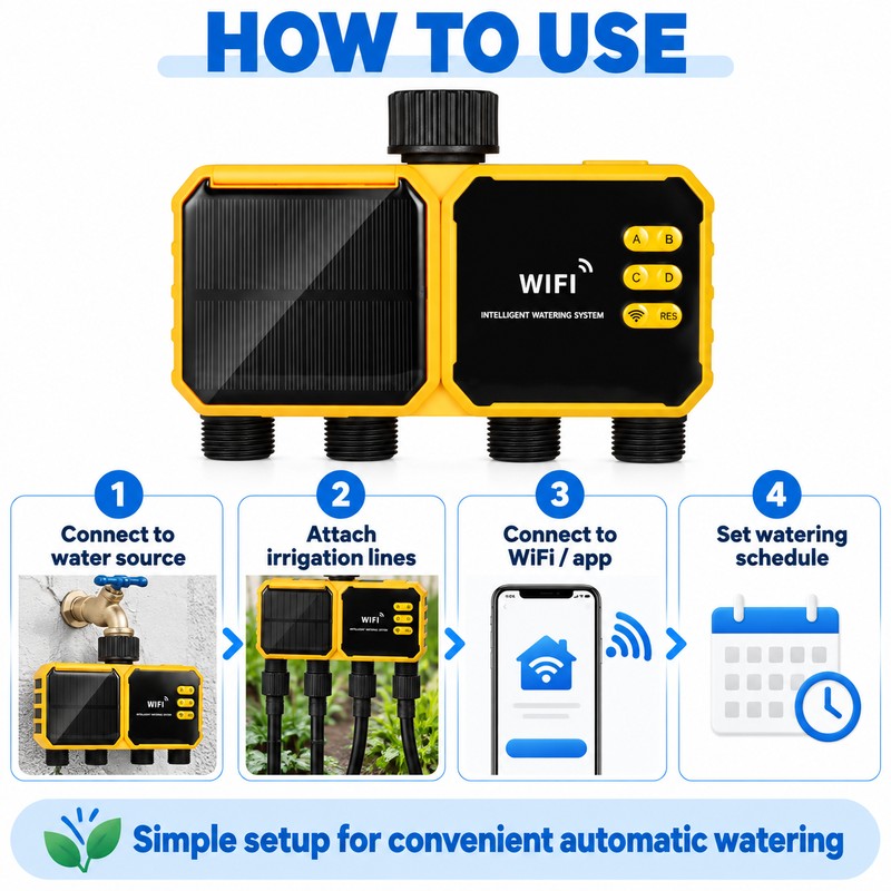 Solar WiFi Irrigation Timer for Garden Watering – 2-Outlet Smart