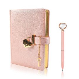 LIMITADA Diary with Lock and Key Lockable Notebook B6 Notebook with Hearts Padlock PU Leather Notebook Diary with Key for Girls Children Birthday Gift (Pink)
