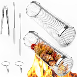 Rolling Grill Basket 2 Pcs, Grilling Baskets for Outdoor Grilling, Stainless Steel BBQ Grill Accessories Round Barbecue Mesh for Camping Picnic Cookware