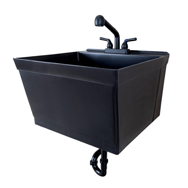 JS Jackson Supplies Tehila Black Wall-Mounted Utility Sink Tub Kit with Stainless Steel Finish Pullout Faucet, Wall-Mounted Utility Tub with Wall Bracket for Laundry Room, Garage, Workshop