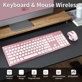 KANG RUI Wireless Keyboard and Mouse Combo, 17inch Full Size 2.4G USB Ergonomic Slim Wireless Keyboard for PC, Laptop, Tablet, Desktop Computer,Windows - Pink (Rose Gold)