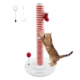 PuzzlePaw Christmas Cat Scratching Post,Christmas Cat Scratcher for Indoor Cats,Christmas Cat Tree Tower Activity Cat Play Center with Santa Danging Sock Toys and Gift Box