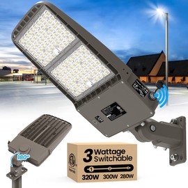 AKK 320W 300W 280W Switchable Parking Lot Light, 51200LM (160LM/W) 5000K LED Street Pole Light, Adjustable Arm & Slip Fitter in 1 Mount, Dusk to Dawn Photocell LED Shoebox Light, Waterproof Area Light