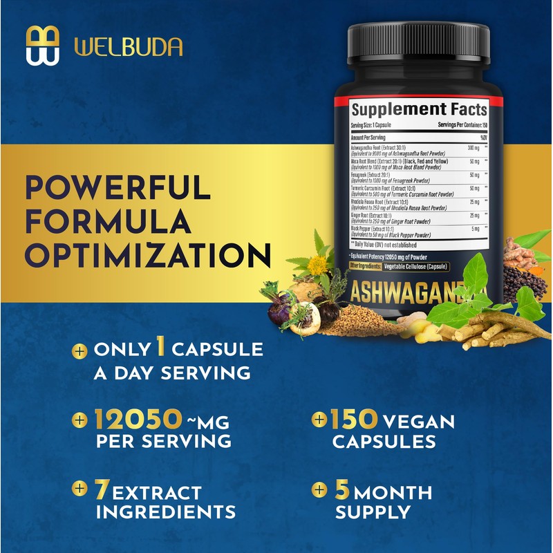 150 Capsules - Ashwagandha Capsule - Great Strength 12050mg. Blende