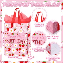 Kosiz 50 Pcs Strawberry 1st Birthday Gift Bag with Handles Tissue Paper and Ribbons Berry 1st Goodie Candy Bags for Berry First Birthday Decorations Strawberry Theme Baby Shower Party Supplies