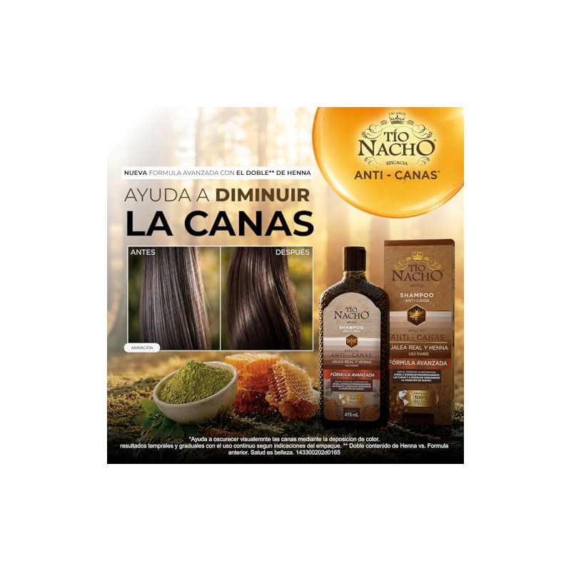 Tío Nacho Henna Egipcia Fórmula Avanzada Anti-Canas. Botella con 415ml.