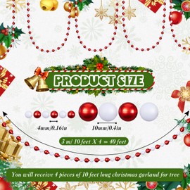 Huwena 4 Pieces Christmas Acrylic Garland 10 ft Christmas Bead Garland for Tree Fireplace DIY Ornament Holiday Party Indoor Wedding Decorations(Red, White)