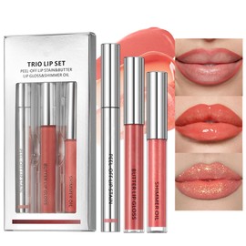 Peel Off Lip Liner Stain Tattoo, Tattoo Lip Liner + Lip Gloss + Pearlescent Lip Oil Combo, Long Lasting Waterproof Lip Stain Peel off, Non-Stick Cup Nourishing Lip Gloss Set Lipstick Makeup (#01)