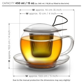 Creano XXL Tea Cup with Handle Jumbo with Integrated Stainless Steel Sieve, Lid and Saucer in A Set with 2 Erbloomteelini, 450Ml- Transparent, 3 Piece Set