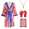 Men Boxing Costume Adult Satin American Flag Boxing Costume with Robe, Necklace, Boxing Gloves and Shorts