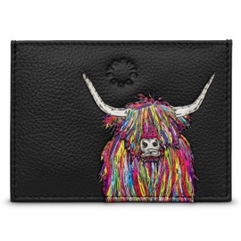 Yoshi Black Leather Highland Cow Card Holder, RFID Protection, Slim Wallet, Credit Card Holder, Card Holder, Minimalist Design