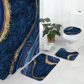 Gibelle 4 Pcs Luxury Marble Shower Curtain Set with Non-Slip Rugs, Toilet Lid Cover and Bath Mat, Gold Foil Navy Blue Bathroom Decor Set with Shower Curtain and Rugs and Accessories