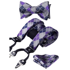 HISDERN Check Stripe 6 Clips Suspenders & Bow Tie and Pocket Square Set Y Shape Adjustable Braces,Purple & Blue,One Size