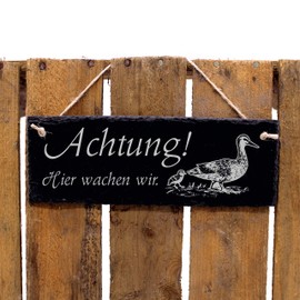 Decorative Door Sign Slate with German Text 'Achtung Wir wachen Here' [German Language] 22 x 8 cm