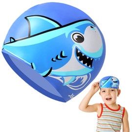 WUBAYI Kids Swimming Cap - Unisex Swim Cap Swimming Hats Waterproof Bathing Cap Protection Elastic Swimming Cap Cartoon Pattern for Childen Kids Boys Girls (Blue)
