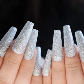 MISUD Press on Nails - Long Coffin Fake Nails with Bling Glitter, Acrylic Silver Sparkly Design 24 pcs
