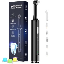 Tooth Polisher, Rechargeable Teeth Polisher with 5 Brush Heads, 4 Speed Modes, Tooth Whitening Kit for Cleaning and Polishing, LED Light, 3 Polish Pastes, IPX6 Waterproof Teeth Cleaning Tools, Black