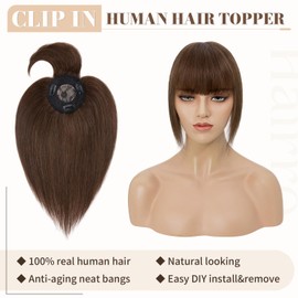 Hairro Clip in on Hair Topper with Bangs (#4 Medium Brown) 100% Remy Real Human Hair Clip in Fringe Bang Secret Crown Hair Extensions for Women Lady Girl Remy Human Hair Mono Base Crown toppers for Hair Loss Thinning Hair Top Hairpiece for Concert Date B