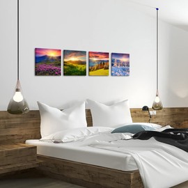 OuElegent 4 Seasons Wall Decor Four Season Mountain Canvas Wall Art Spring Summer Autumn Winter Landscape Picture Prints Framed Modern Artwork For Bedroom Kitchen Living Room 12"x12"x4 Pcs