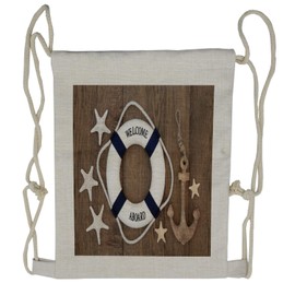 Lunarable Anchor Drawstring Backpack, Marine Objects on Wood Board, Sackpack Bag