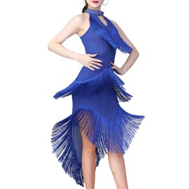 Women Halter Sparkly Sequins Tassel Flapper Dress Keyhole Hi Low Salsa Latin Dance Dress 1920s Fringed Roaring 20s Gatsby Dress Ballroom Dance Costume Slip Cocktail Bodycon Dress Royal Blue Large