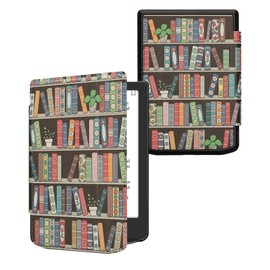 kwmobile Flip Case Compatible with Pocketbook Verse/Verse Pro/Verse Color/Vivlio Light/Light HD Case - eReader Case - Bookshelf with Plants Blue Green Pink