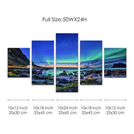 Aurora Borealis Canvas Wall Art for Bedroom 5 Pieces Green Northern Lights Scenery Art Pictures Landscape Painting Print Framed for Home Decor Office Artwork (50Wx24H)