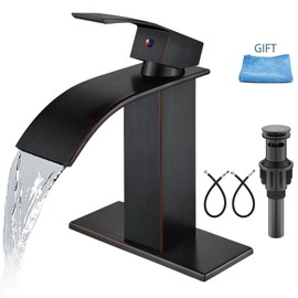 Aolemi Bathroom Faucet Single Handle 1 Hole Deck Mount Lavatory Vanity RV Sink Mixer Basin Tap with Cover Plate and Pop Up Drain Assembly, Oil Rubbed Bronze, Waterfall Spout