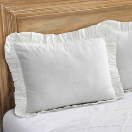 Kathryn Ruffled King Pillow Sham, 21" L x 37" W, Soft White Linen-Look Textured Fabric, Vintage Farmhouse, Country Cottage Bedding