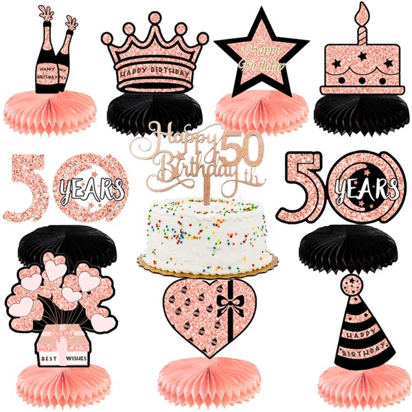 Centre de table « Happy 50th Birthday » - 10 pièces - Or rose et noir - Décoration de gâteau d'anniversaire avec 50e anniversaire - Décoration de gâteau pour femme - Centre de table en nid d'abeille