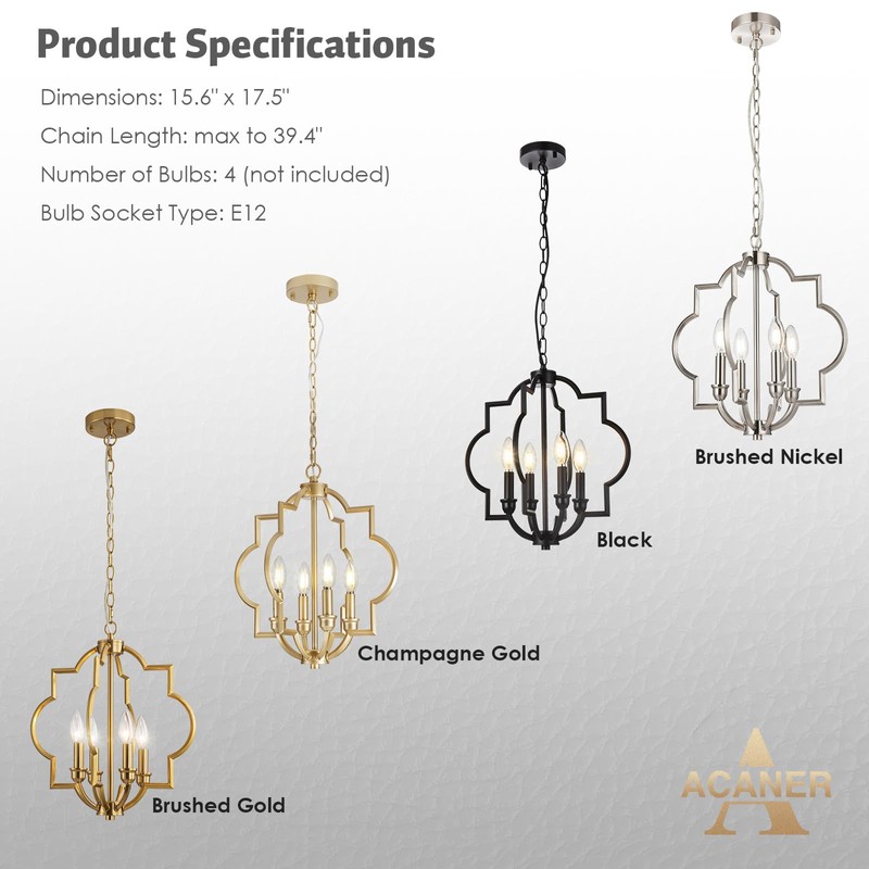 ACANER 4-Light Brushed Gold Chandeliers for Dining Room, 15.6" Farmhouse