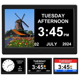 TIMEMOON Alarm Clock with Day and Date for Elderly Digital Calendar Clock Photo Frame- Auto Dimmable Display 15 Alarm Options (10 Inch Black)