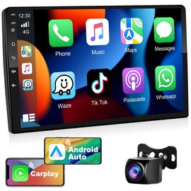 Podofo 2+32G Double Din Car Stereo with Wireless Apple Carplay Android Auto 10.1 Inch Touchscreen Android Radio Supports GPS Navigation, WiFi, RDS, Split Screen + Backup Camera & Mic