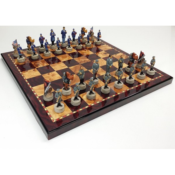 HPL US American Civil WAR Generals Chess Set Set W/ 18" Cherry & Burlwood Color Board