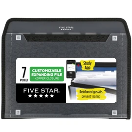 Five Star Expanding File Organizer + Study App, 7-Pocket Accordian File Organizer, Zipper Closure, Holds 8-1/2" x 11" Paper, Black (72709)