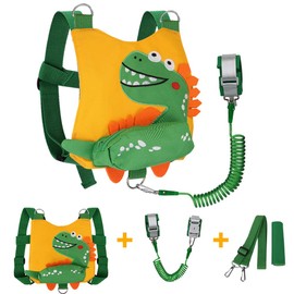 HomeChi Arneses de Seguridad para Bebés, Muñequera de Caminar 4 en 1 para Niños de 1 a 5 Años Cómoda Correa Antirrobo Ajustable con Cierre de Seguridad (Amarillo - dinosaurio)