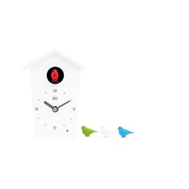 KOOKOO BirdHouse mini white, tiny modern cuckoo clock w. 12 natural bird voices or cuckoo call, design clock, natural field recordings by Jean-Claude Roché;