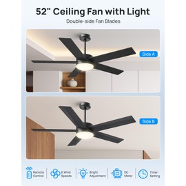 52" Ceiling Fans with Lights, Ceiling Fan Black with Light & Remote Control 52 Inch Ceiling Fan Flush Mount with LED DC Reversible Motor Noiseless for Outdoor/Indoor Bedroom