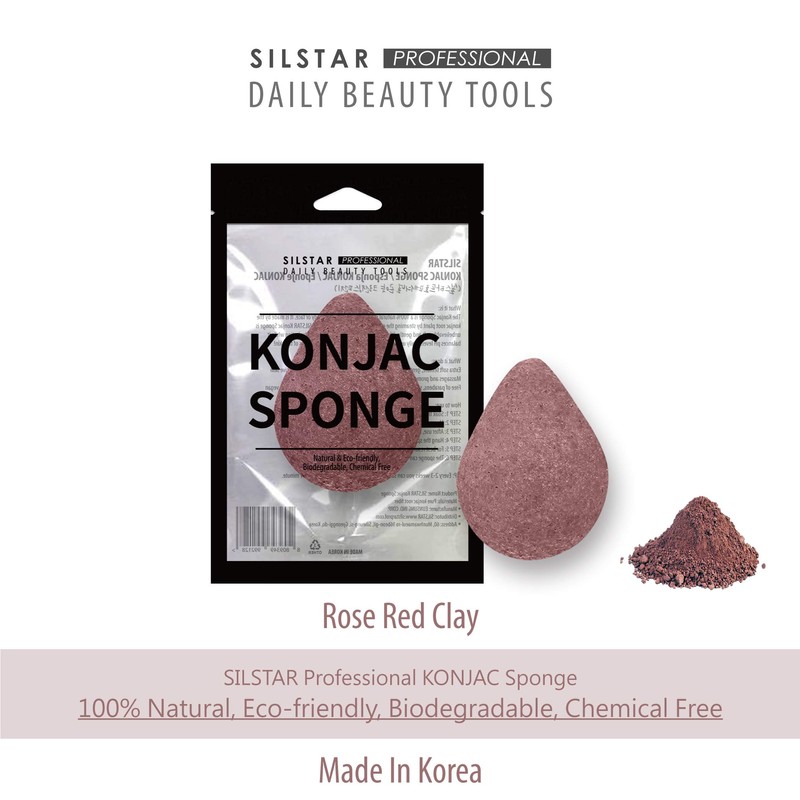 SILSTAR PROFESSIONAL Konjac Facial Sponge Tear Drop Rose Red Clay
