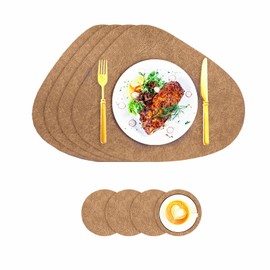 Faux Leather Placemats and Coasters, Washable Double-Sided Non-Slip Round Place Mats, Leather Look Place Mats, Plate Coasters, Insulation Protects the Table (Khaki)