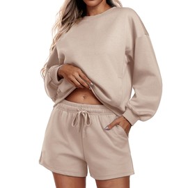 PINSPARK Womens Sweatsuits 2 Piece Set Long Sleeve Matching Sweat Set 2024 Fall Travel Outfits with Pockets Tracksuit, Apricot Medium