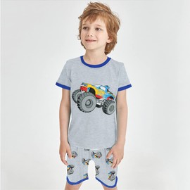 Boys' Short Excavator Pyjamas, Two-Piece Cotton, Children's Summer Short Dinosaur Tractor Pyjamas, 92 98 104 110 116 122, monster truck