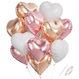 Pack of 12 18 Inch Red Helium Balloons, Heart Foil Balloons, Red, Valentine's Day Heart Balloons, Romantic Red Party Decoration, White Rose