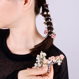 Telephone Wire Hair Bands for Women, Colorful Soft Elastic Butterfly Pearl Phone Cord Hair Ties, Ponytail Braids Fixed Hair Spiral Rope Hair Accessories for Women (Rose Pearl 3pcs)