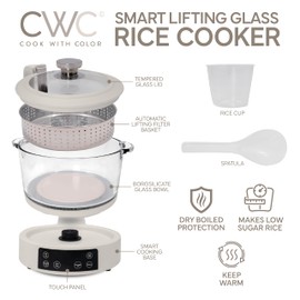 COOK WITH COLOR 3L Glass Low Carb Rice Cooker - Makes 6 Cups Low Sugar Rice with Auto Lift Filter Basket, Hotpot & Steamer for Rice, Grains and Oats, Digital Panel with Keep Warm Function, Cream