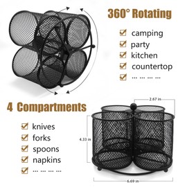 DysanVica Silverware Holder Utensil Caddy - 360° Rotating Silverware Caddy 4 Compartment Metal Cutlery Organizer Fork Spoon Plastic Flatware Storage Basket Party Countertop Picnic Outdoor Modern Black