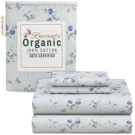 RUVANTI 100% Organic Cotton Sheets Queen Size Set, 4 Pieces, Soft & Breathable Percale Weave Bedding, Deep Pocket 16" Hotel Standard, Crisp Cool Feeling, Durable, Dyed Sheet, Butter Flight